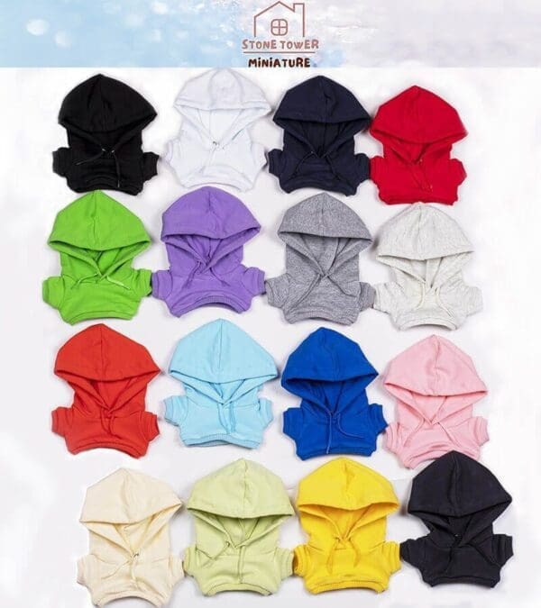 Colorful miniature hoodies in various shades displayed in rows on a white background.