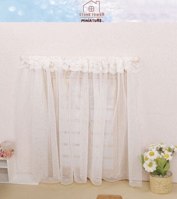 White lace curtains on a miniature window with daisies in a basket and a small shelf nearby.