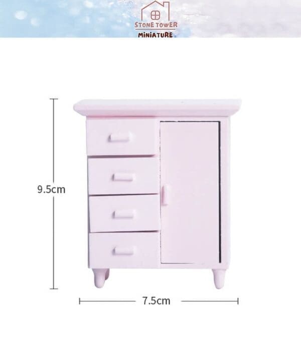 Miniature pink dresser with four drawers and a door, measuring 9.5cm tall and 7.5cm wide.