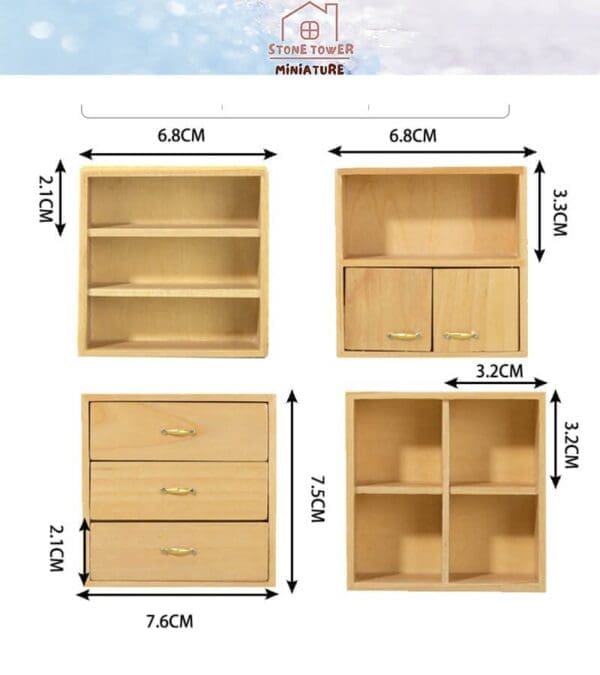 Four wooden miniature shelves with different designs and dimensions are displayed, featuring open shelves and drawers.