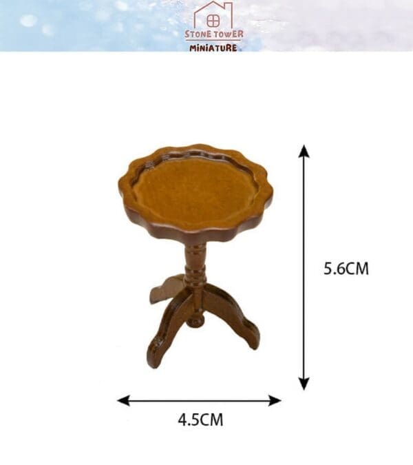 Brown miniature round table with carved edges, measuring 5.6 cm in height and 4.5 cm in width.