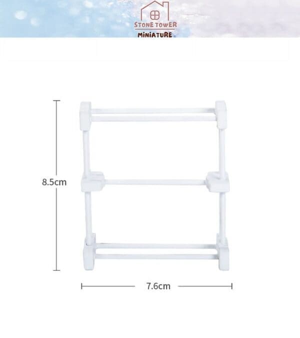 White miniature shelf with dimensions labeled, 8.5cm tall and 7.6cm wide.