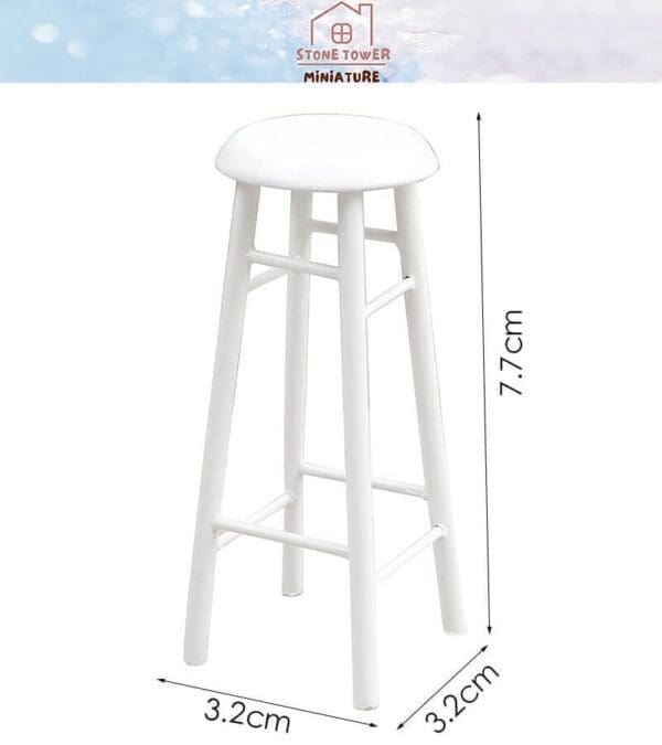 White miniature stool, 7.7 cm tall, with 3.2 cm square base, against a light background.