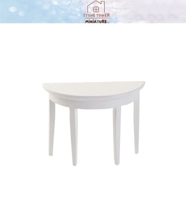 White, half-circle miniature table with four legs, set against a plain background. Stone Tower Miniature logo above.