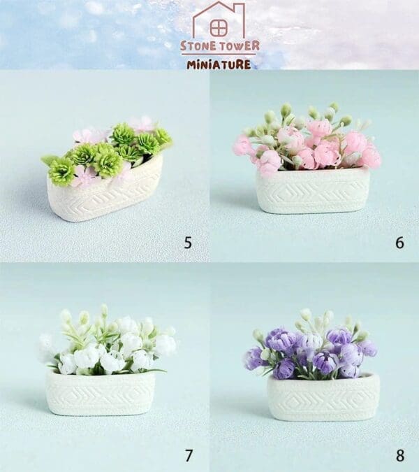 Miniature planters with various colored flowers on a light background, labeled with numbers 5 to 8.