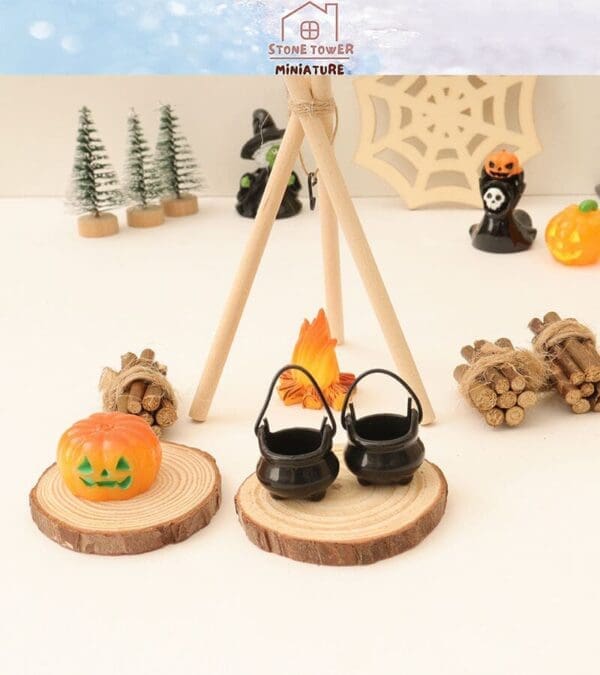 Miniature Halloween scene with tiny cauldrons, a pumpkin, and a witch decoration on wood slices and a spiderweb backdrop.