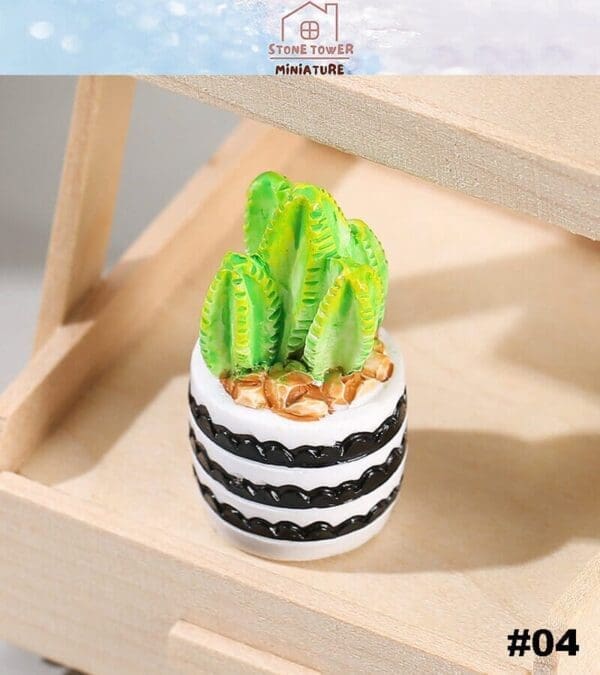 Miniature green cactus in a white pot with black stripes, placed on a wooden shelf, labeled #04.