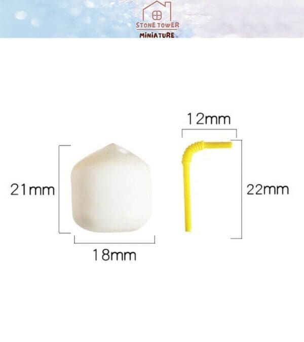 Miniature coconut and yellow straw with measurements; coconut: 21mm x 18mm, straw: 22mm x 12mm.