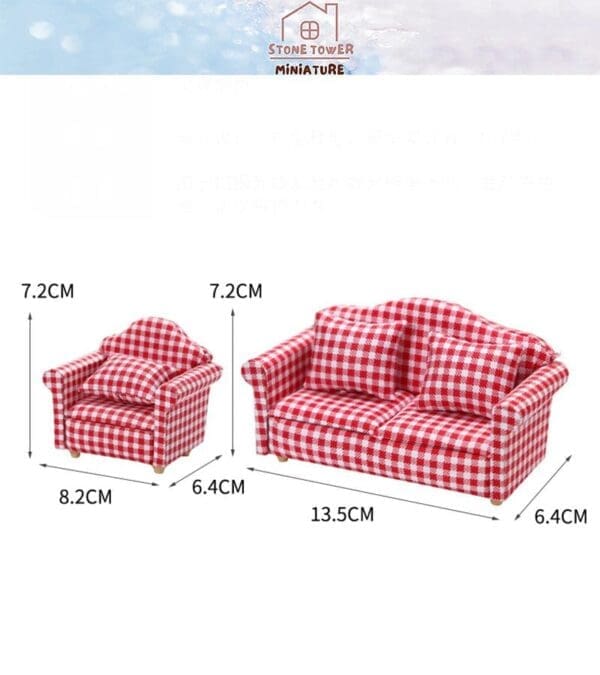 Red checkered miniature sofa and armchair with dimensions, showing product scale.