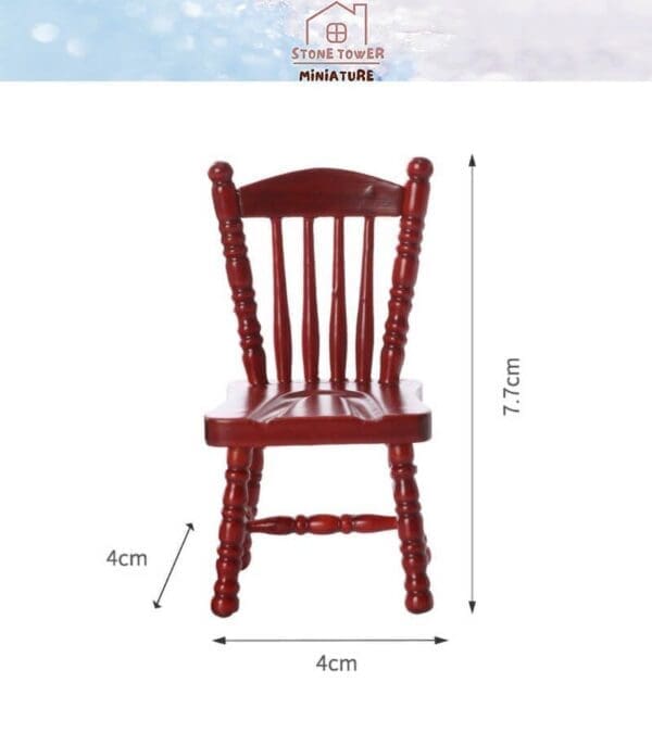 Red miniature wooden chair with spindle back, measuring 7.7cm tall and 4cm wide, by Stone Tower Miniature.