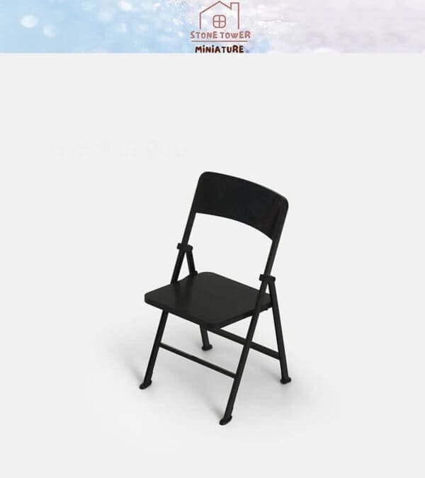 Black folding chair on a plain white background, with "Stone Tower Miniature" logo above.