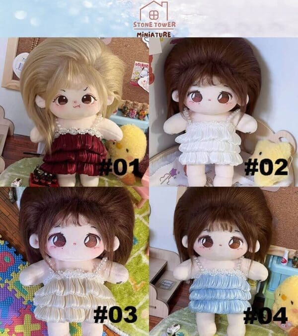 Four cute plush dolls with different hairstyles and colorful dresses, numbered 01 to 04, against a playful background.