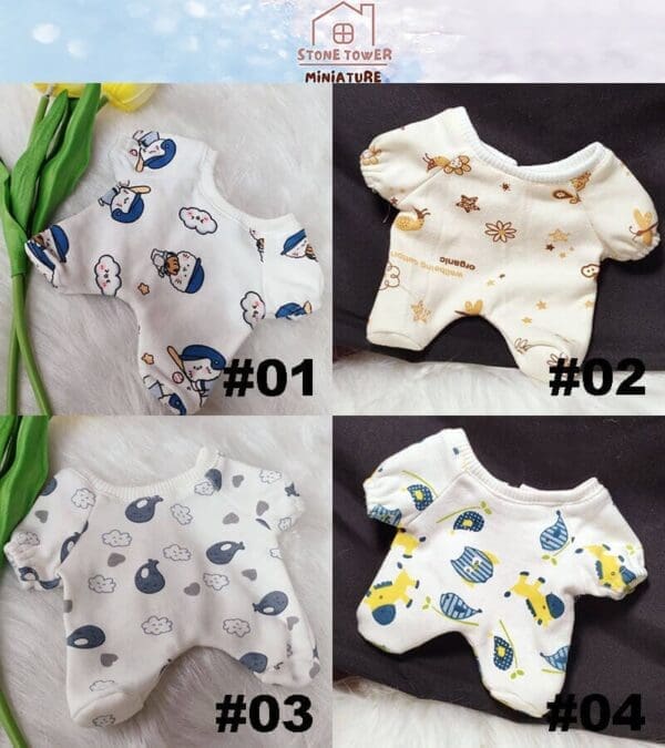 Four mini outfits with various cute patterns, including animals and celestial designs, labeled #01 to #04 on white and gray backgrounds.