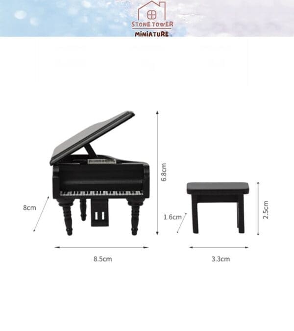 Miniature black grand piano and bench with dimensions: piano 8.5x8x6.8 cm, bench 3.3x2.5x1.6 cm.