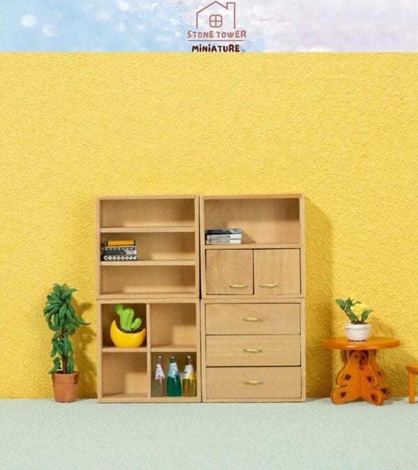 Miniature wooden shelves and drawers with tiny plants and bottles against a yellow wall and light-colored floor.