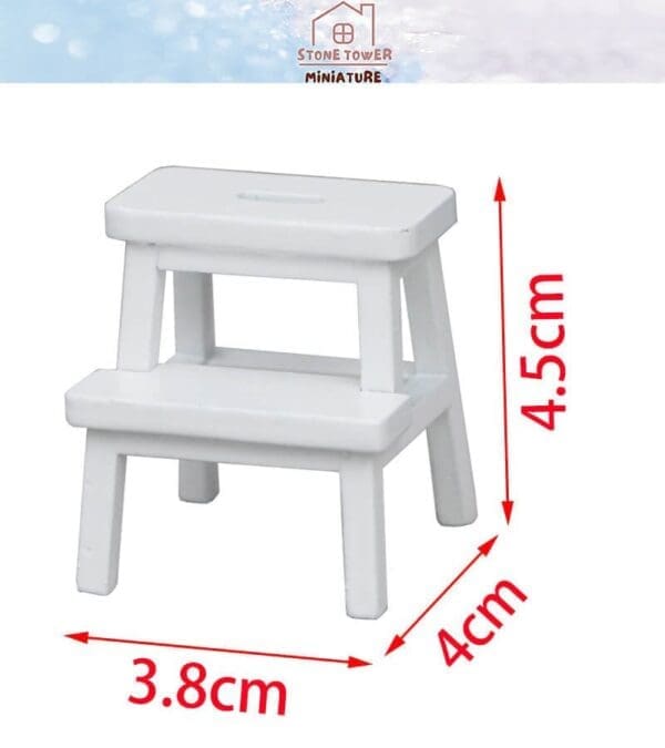 White miniature two-step stool with dimensions: 4.5cm tall, 4cm deep, and 3.8cm wide.