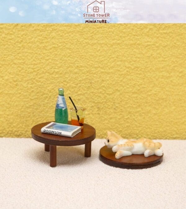 Miniature scene with table, book, drink, and water bottle. A small cat lies on a separate circular mat.