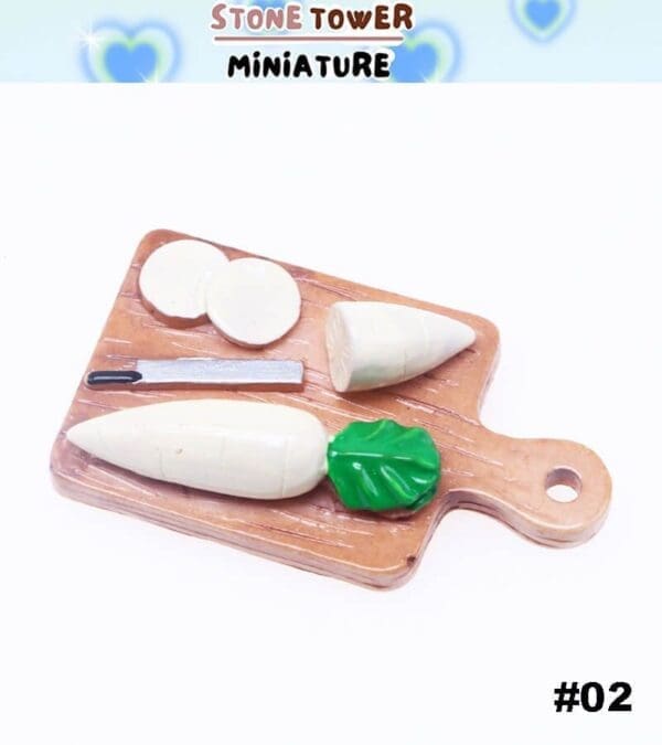 Miniature cutting board with sliced white radish, knife, and green leaf.