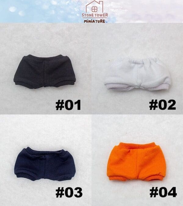 Four miniature shorts in black, white, navy, and orange with labels #01 to #04 on a white background.