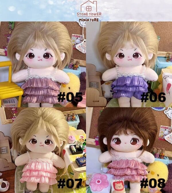 Four plush dolls with different hairstyles and dresses, labeled #05 to #08, on a colorful tabletop setting.