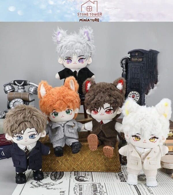 Five cute plush dolls with animal ears in various outfits, arranged around vintage-style decor.