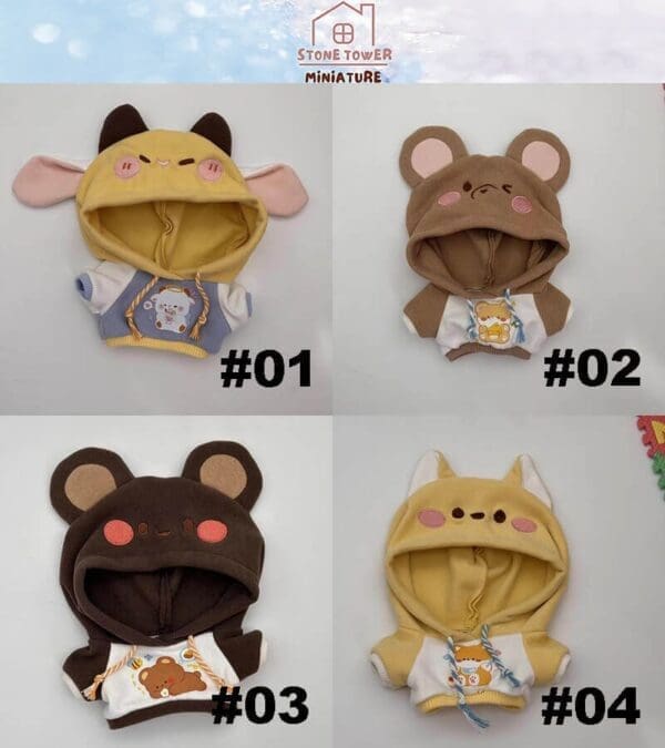 Four animal-themed hoodies for toys with numbers: yellow cow (#01), brown bear (#02), dark bear (#03), yellow fox (#04).