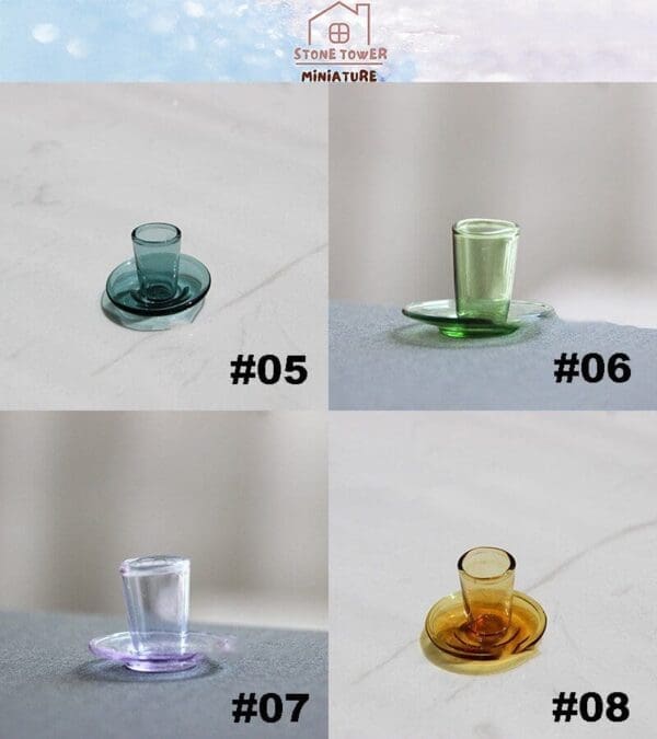 Four miniature glass cups with matching saucers in green, blue, purple, and amber hues, labeled #05 to #08.