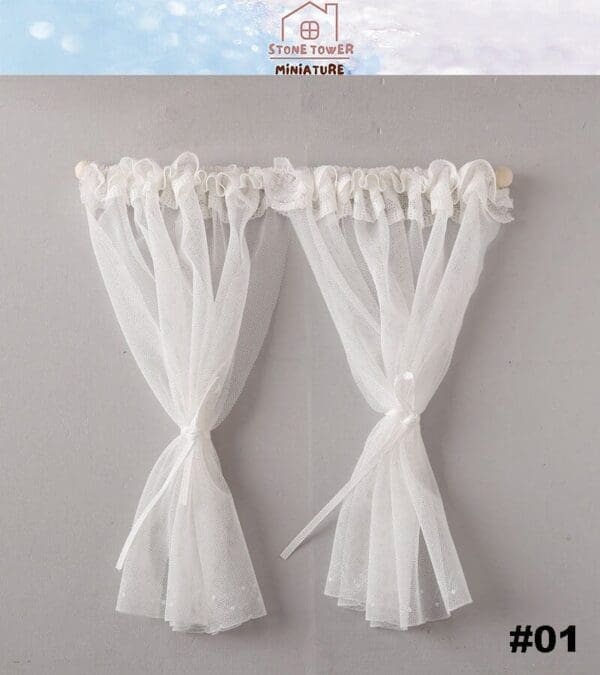 White sheer miniature curtains tied back on a light gray background, labeled "#01.