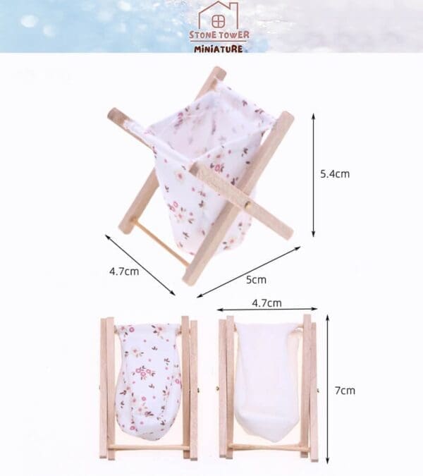 Miniature clothes rack with floral and plain white fabric, showing dimensions 5.4cm height, 5cm width, and 4.7cm depth.