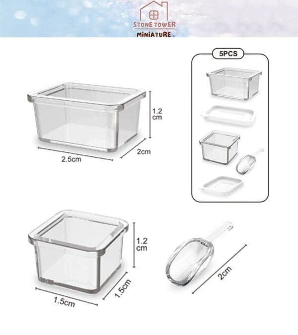 Set of 5 clear miniature containers with lids and a scoop, dimensions labeled; ideal for organizing small items.