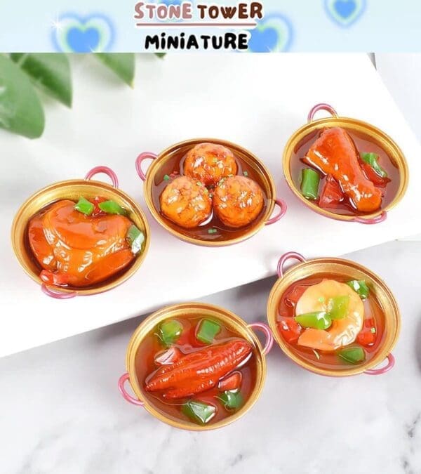 Miniature food in small pots with vibrant sauces, featuring shrimp, chicken, and vegetables.