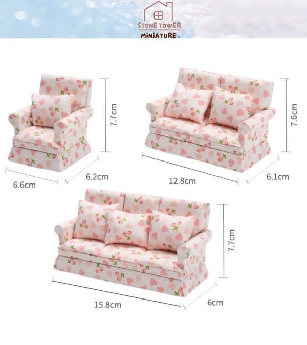 Miniature furniture set with floral pattern: includes an armchair, loveseat, and sofa with measurements displayed.