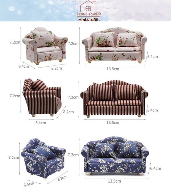 Miniature sofas with floral, striped, and blue floral patterns. Each sofa's dimensions are labeled in centimeters.