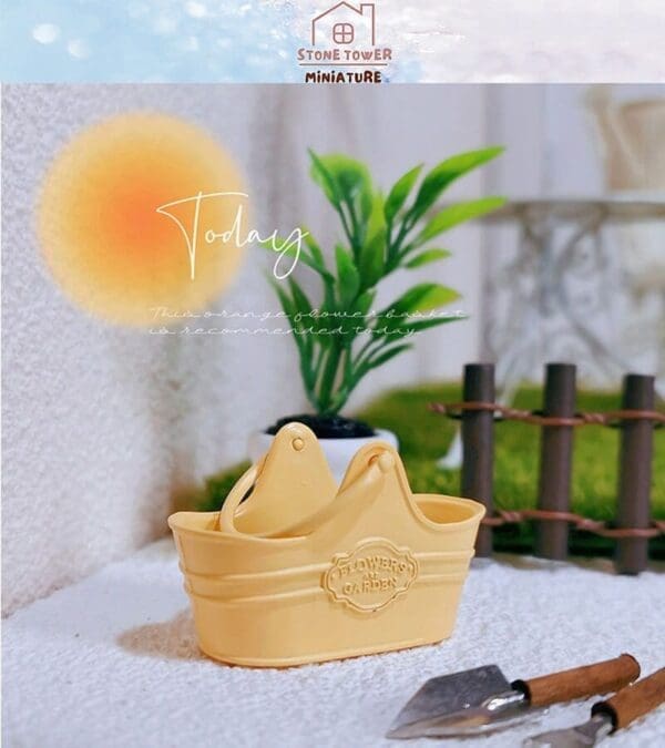 Yellow flower basket with gardening tools and plant decor on textured table. "Today" text and logo at the top.