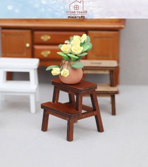 Miniature wooden stool with a clay pot of yellow flowers, set against a backdrop of wooden furniture.