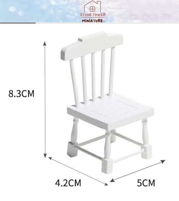 White miniature chair with dimensions: height 8.3cm, width 4.2cm, depth 5cm. Background features a logo and blue design.