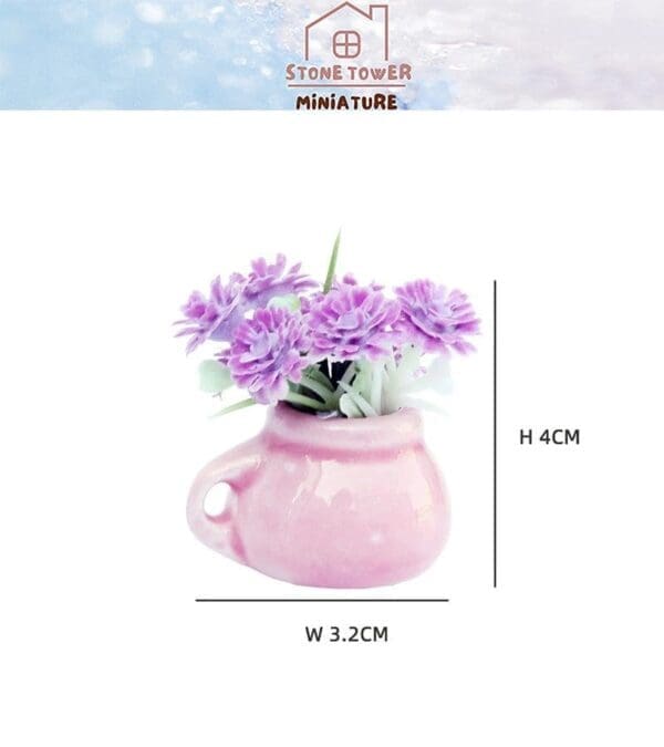 Miniature pink vase with purple flowers, 4cm tall and 3.2cm wide, labeled "Stone Tower Miniature.