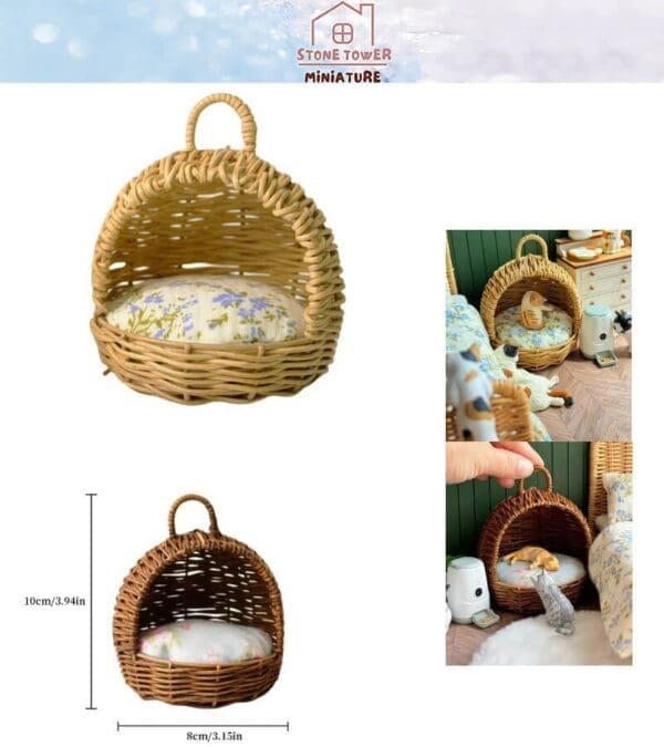 Miniature wicker cat bed with handle, floral cushion inside, shown with measurements and in dollhouse setting with small pets.