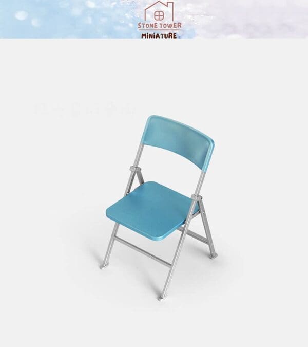 Miniature blue folding chair on a plain white background, with a logo reading "Stone Tower Miniature" above.