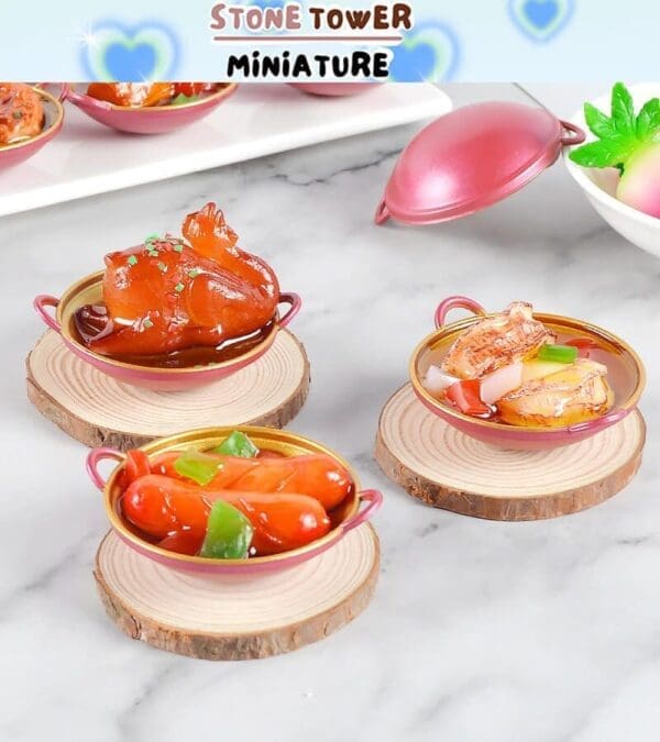 Miniature toy dishes on wooden coasters, featuring faux meats with toppings, under a "Stone Tower Miniature" sign.