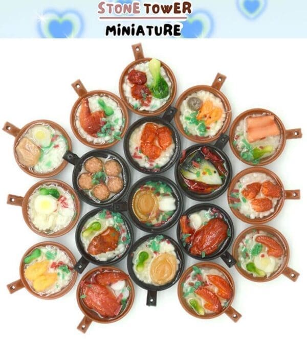 Miniature clay pots of various Asian dishes arranged in a circle on a white background, labeled "Stone Tower Miniature.