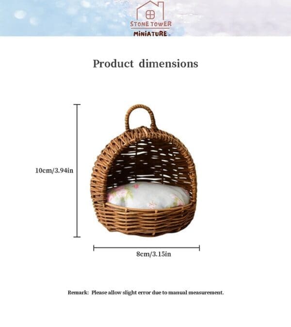 Miniature basket with pillow, dimensions: 10cm x 8cm (3.94in x 3.15in), featuring woven rattan design.