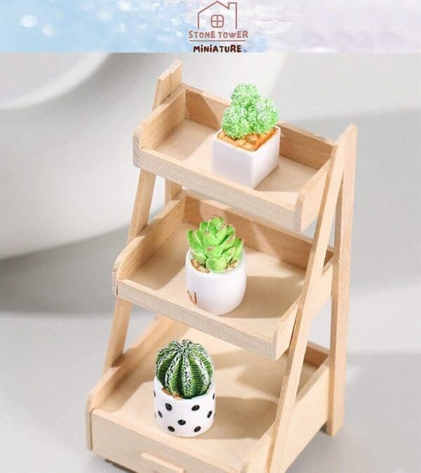 Mini wooden shelf with three potted succulents in white ceramic pots, featuring a polka dot design on the bottom pot.