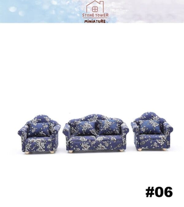 Set of miniature blue floral-patterned sofas and armchairs on a white background, labeled #06.