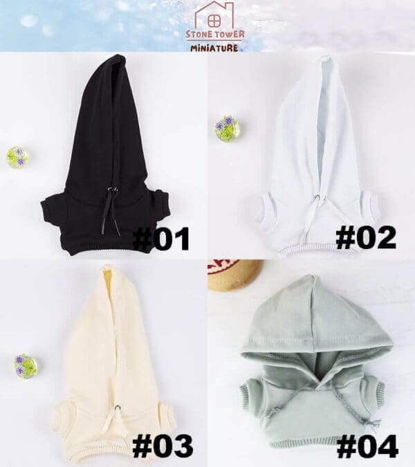 Four miniature hoodies in black, white, beige, and green labeled #01 to #04, displayed on a white surface.