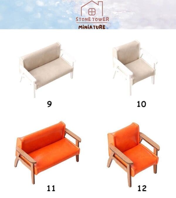 Miniature furniture sets: beige loveseat (9), beige armchair (10), orange loveseat (11), orange armchair (12).