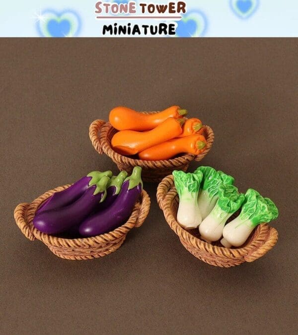 Miniature baskets with carrots, eggplants, and bok choy on a brown background.